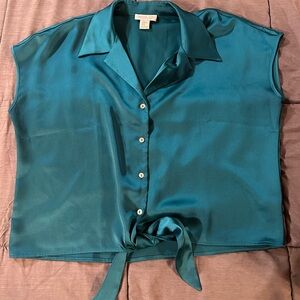 Rachel Zoe Teal Satin Tie-Front Button Down Blouse